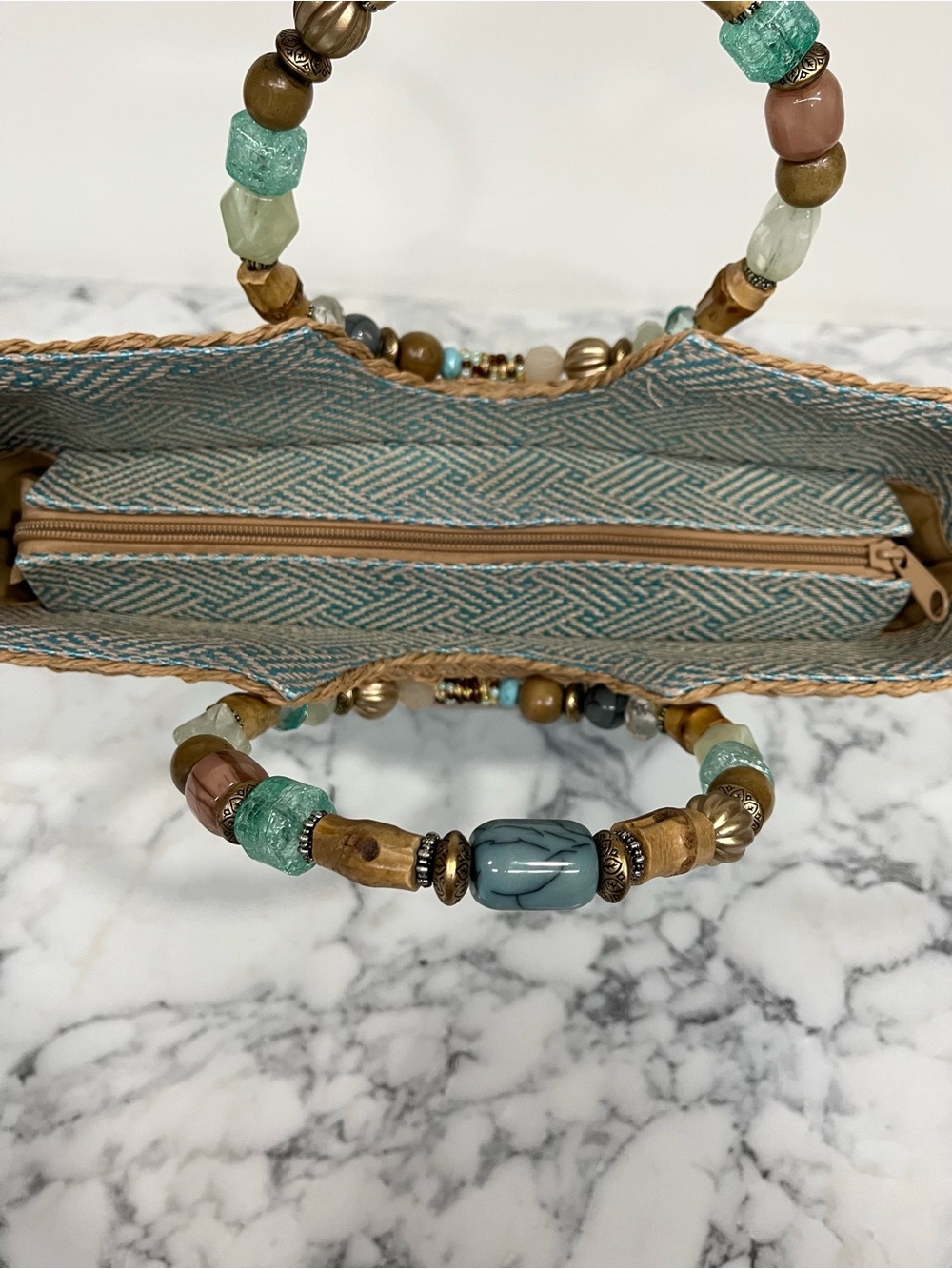 Cappelli pastel blue tan woven straw handbag tote colorful beaded handle coastal - Picture 3 of 9